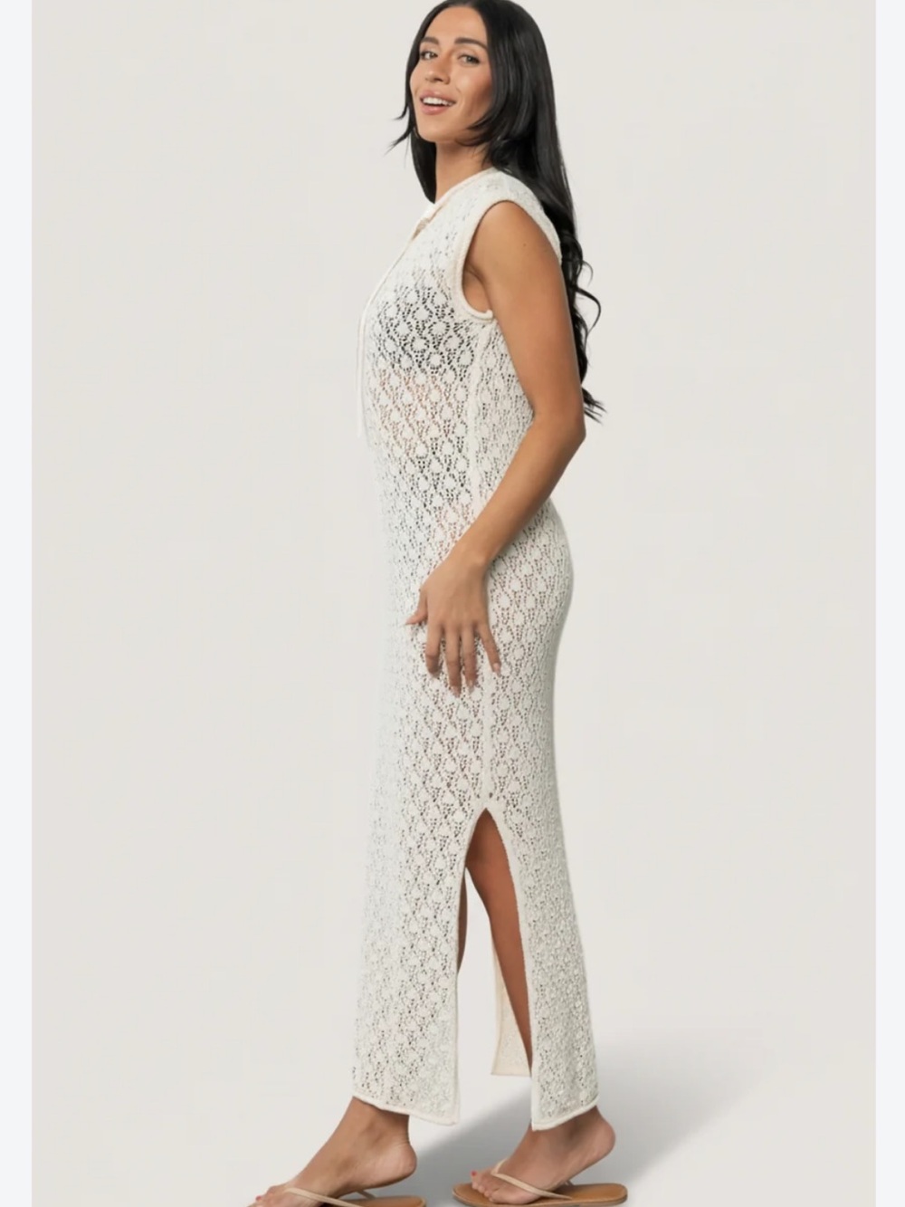 Costes Open Knit Crochet Duster Vest, Cotton, White, Festival, Size Medium